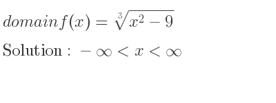 The domain of f(x)=\sqrt[3]{x^2-9} is -infinity <x<infinity
